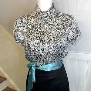 Y2K leopard blouse teal Betsey Johnson inspired bow silk Lisa Frank heart soul